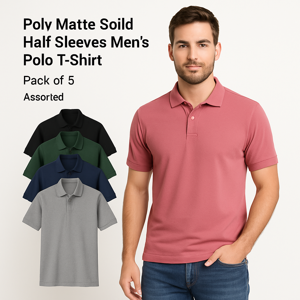 5.0⭐⭐⭐⭐⭐ Poly Matte Solid Half Sleeves Mens Polo T-Shirt Pack Of 5