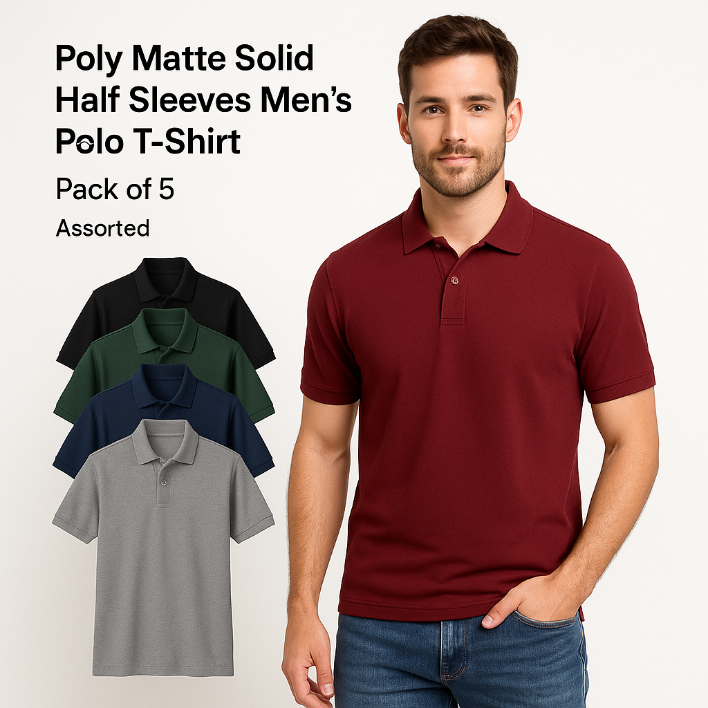 5.0⭐⭐⭐⭐⭐ Poly Matte Solid Half Sleeves Mens Polo T-Shirt Pack Of 5