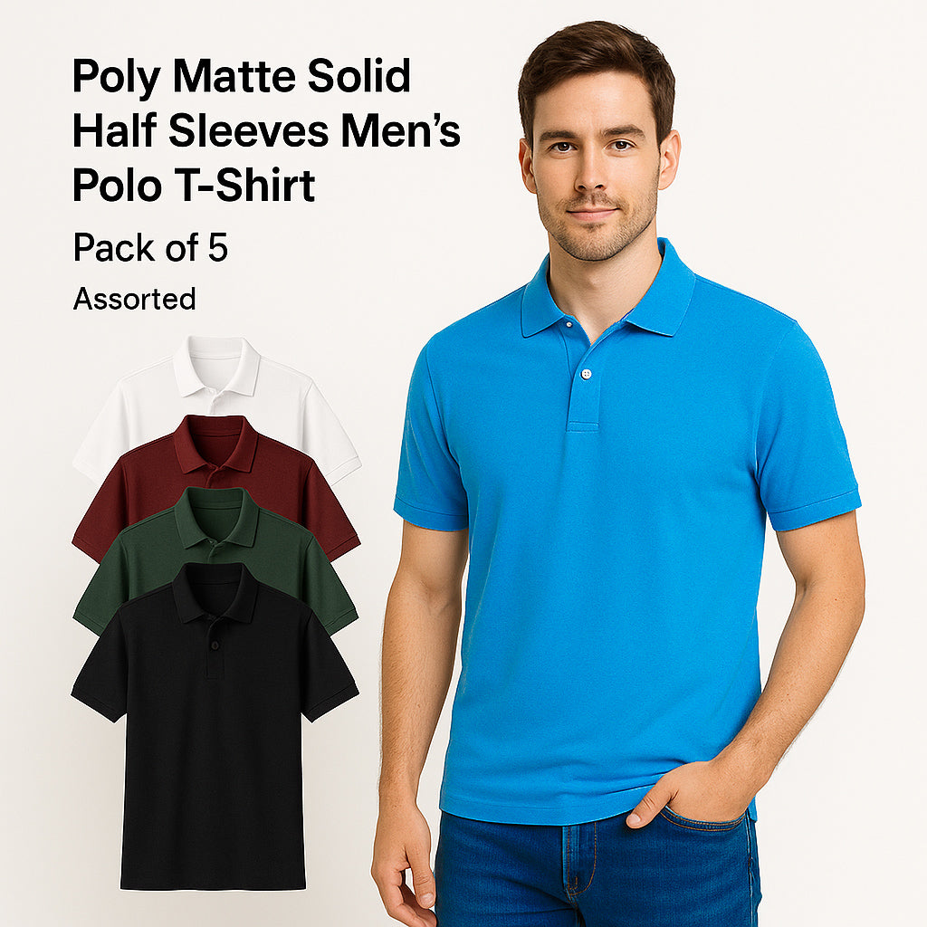 5.0⭐⭐⭐⭐⭐ Poly Matte Solid Half Sleeves Mens Polo T-Shirt Pack Of 5