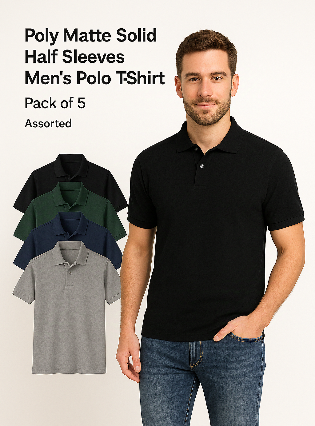 5.0⭐⭐⭐⭐⭐  Poly Matte Solid Half Sleeves Mens Polo T-Shirt Pack Of 5