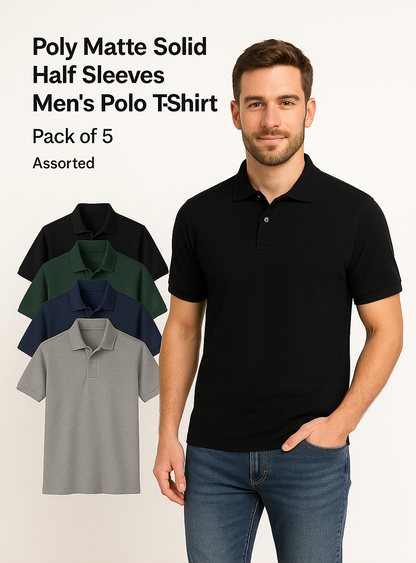 5.0⭐⭐⭐⭐⭐  Poly Matte Solid Half Sleeves Mens Polo T-Shirt Pack Of 5