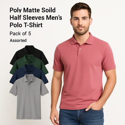 5.0⭐⭐⭐⭐⭐  Poly Matte Solid Half Sleeves Mens Polo T-Shirt Pack Of 5