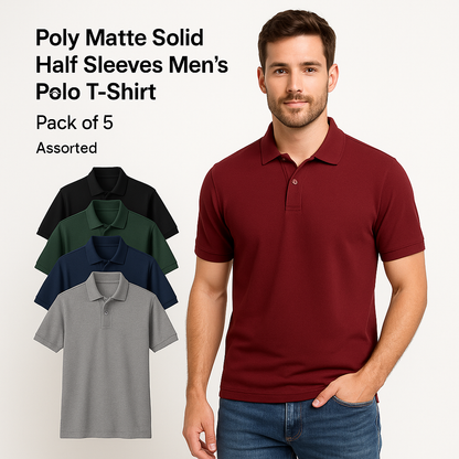 5.0⭐⭐⭐⭐⭐  Poly Matte Solid Half Sleeves Mens Polo T-Shirt Pack Of 5
