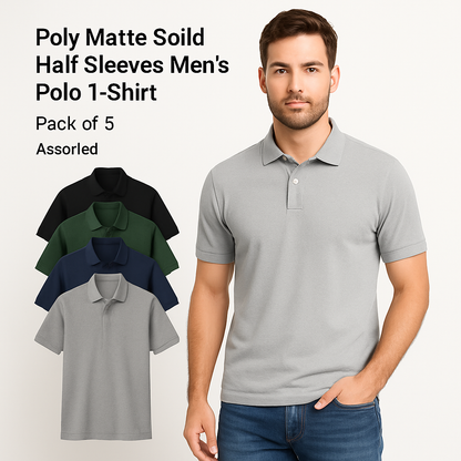 5.0⭐⭐⭐⭐⭐  Poly Matte Solid Half Sleeves Mens Polo T-Shirt Pack Of 5